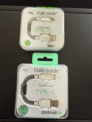 iHip Cute Cords 2 Type C Braided Cable 6ft 10ft Black White Android Sync Charge