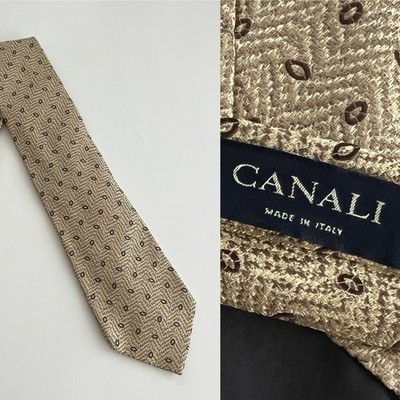 CANALI 100% Silk Neck Tie Made in ITALY Textured Woven Beige Brown Luxury