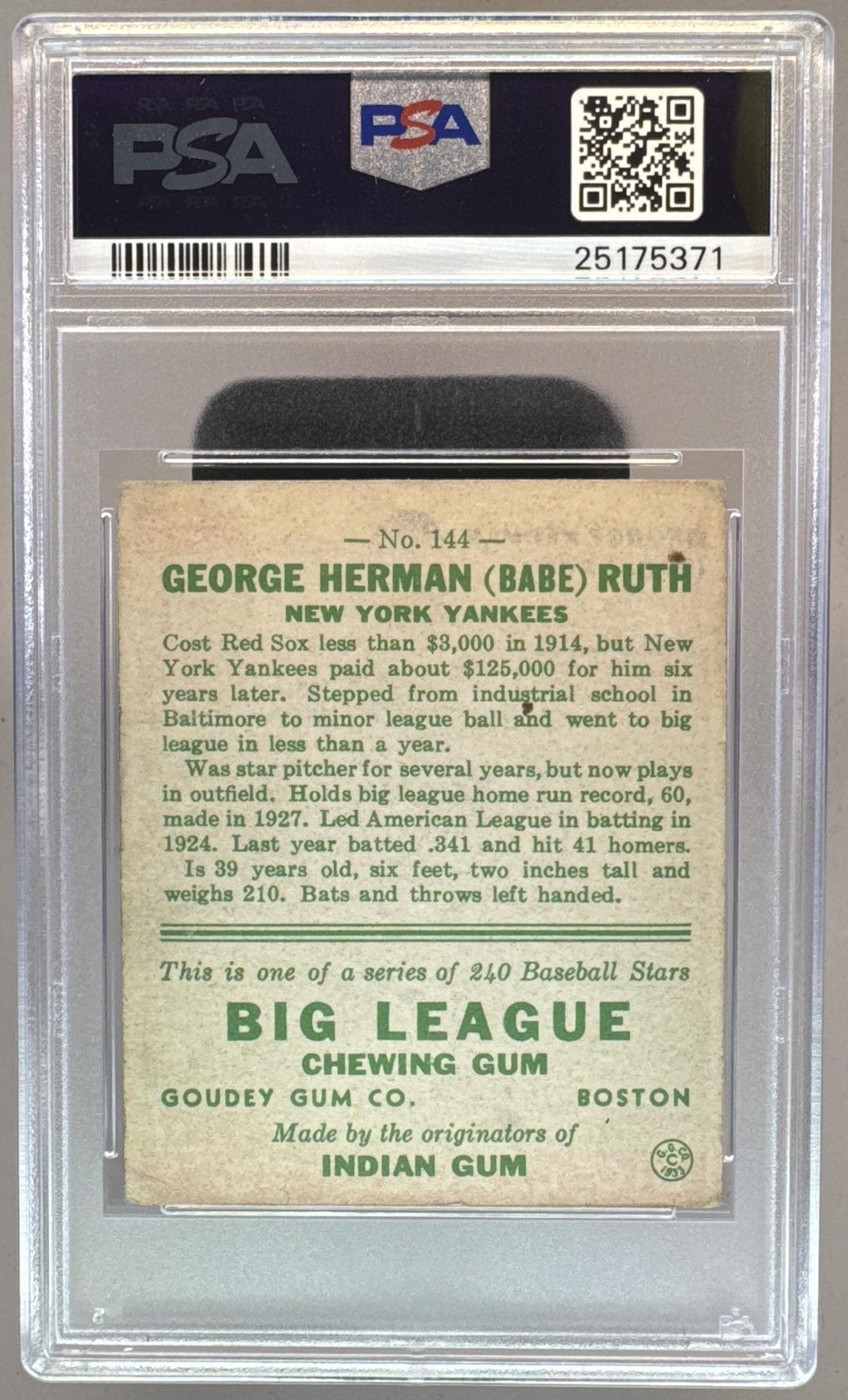 George Herman Babe Ruth 1933 Goudey R319 #144 Rookie RC PSA 2.5 view 2