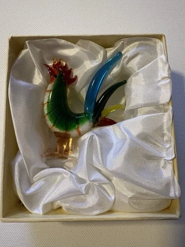 Vintage Venetian Murano Silver Flake Art Glass Rooster Figurine In Box