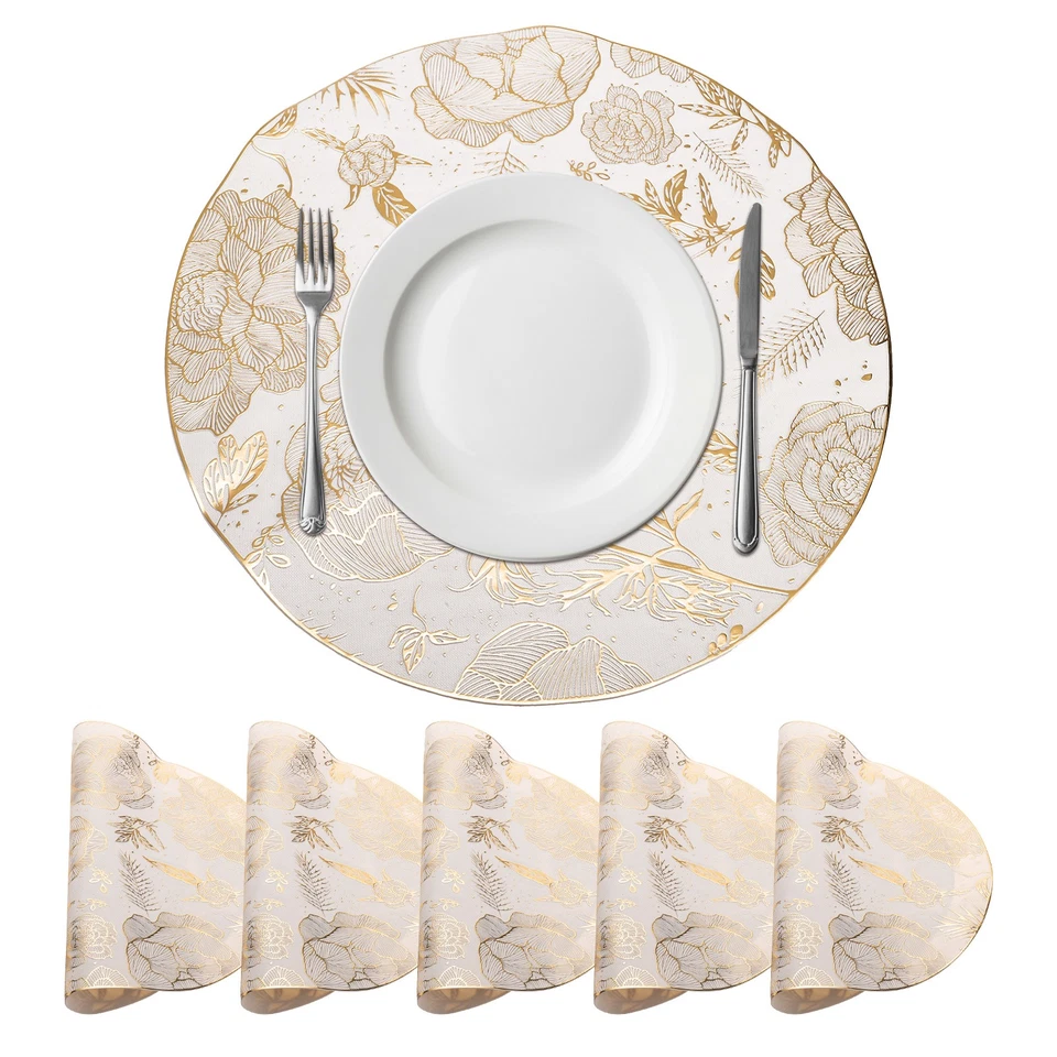 Rose Floral Tischsets 6er Set Rund Metallic Vinyl Gepresst Tischsets, Gold