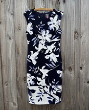 Vince Camuto Navy Blue Floral Sheath Dress SZ 8 Poly Spandex EUC