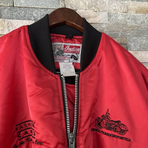 VINTAGE INDIAN MOTORCYCLES SATIN BOMBER JACKET - 80S BIKER JACKET - Red GRUNGE - Picture 2 of 5