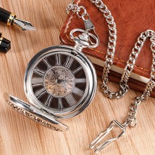 Luxury Men's Silver Skeleton Mechanical Pocket Watch Roman Dial Birthday Gift