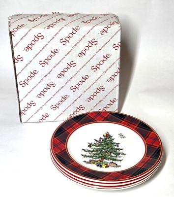 SPODE Christmas Tree TARTAN 7.75  Salad Plate Set of 4 Red Green NEW w/tags box