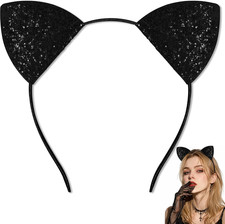 Black Cat Ears Headband Adult, Glitter Black Cat Costume for Women, Halloween Ea