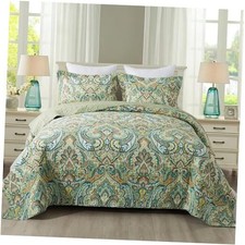 King Quilt Bedding Set, Cotton Bedspread Coverlet King 106"x98" Crown Green