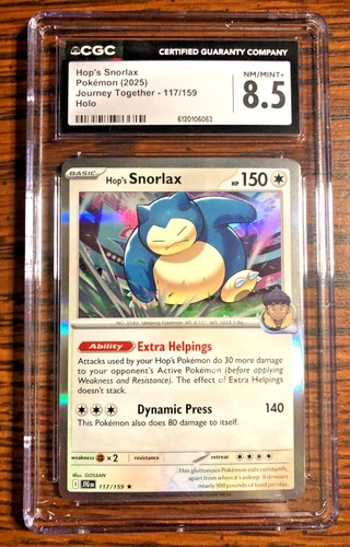 Hop's Snorlax Holo Rare #117|CGC NM/MINT+ 8.5|2025 Journey Together|Pokemon TCG
