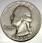 1950 P Washington 90% Silver Quarter Circulated Condition 25c US Coin - 4598