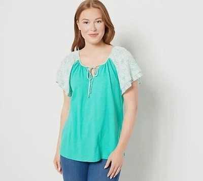 Susan Graver Pure Cotton Slub Knit Top Flutter Sleeves Bay Breeze Small A501352