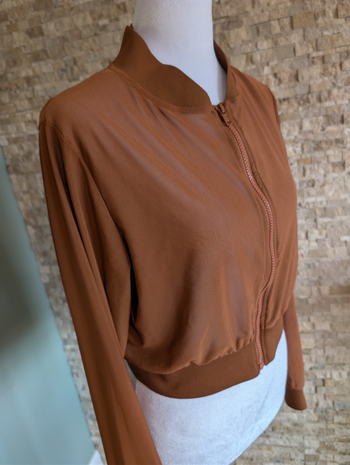 Brown Neutral Mesh Zip Up Cropped Jacket Yoga Bomber Gym Street Style image 3