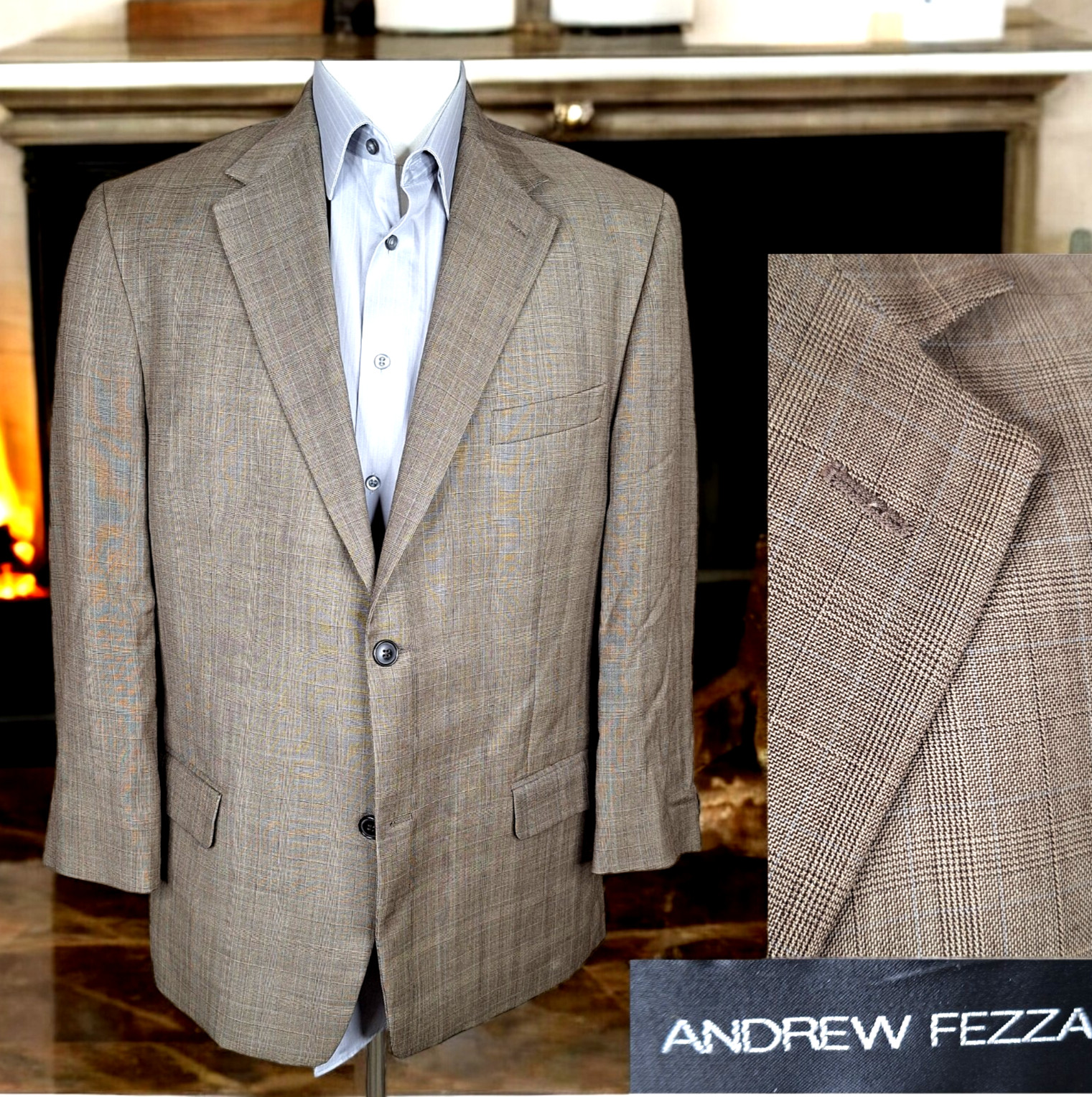 Andrew Fezza Sport Coat Mens 42R Brown Plaid Ventless Wool