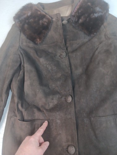 VTG Brodys Womens Dark Brown Leather Suede Mink Collar Coat Vintage Size 12 Sz4? - Picture 2 of 23