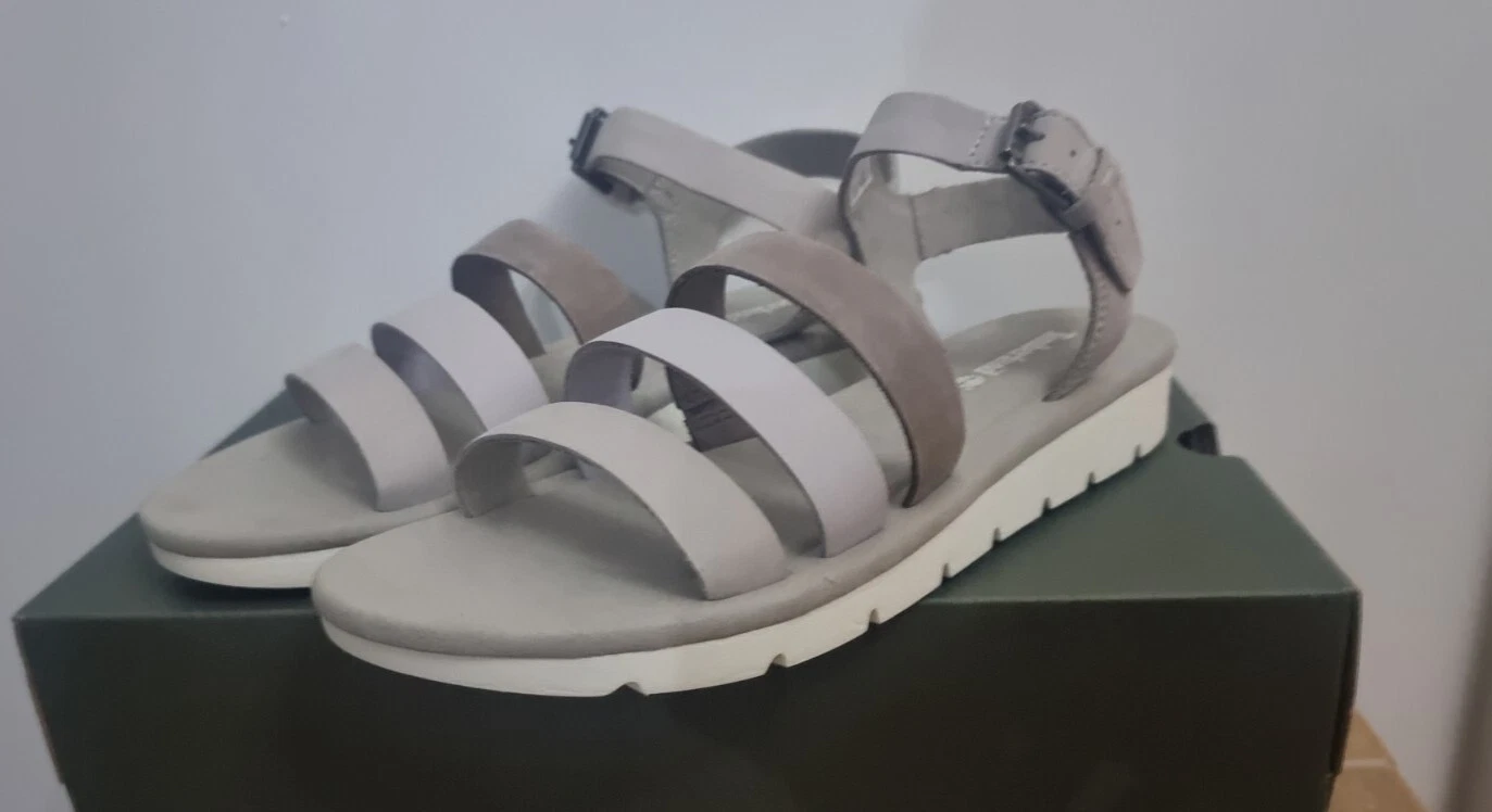 SANDALI NUOVI CON SCATOLA DONNA TIMBERLAND NABUK 3 CINTURINI BEIGE GRIGIO TAGLIA UK 8