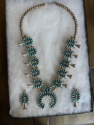 Native American Petit Point Turquoise Cluster Silver Squash Blossom Necklace Set