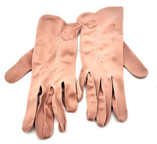 Vintage Nylon Dress Gloves Dusty Rose Embroidered Flower Size Small