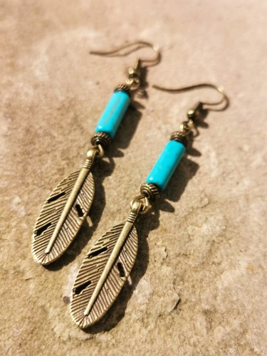TURQUOISE BEADS and Tibetan Bronze Feather Dangly Earrings Boho Festival Hippie - Picture 3 of 4