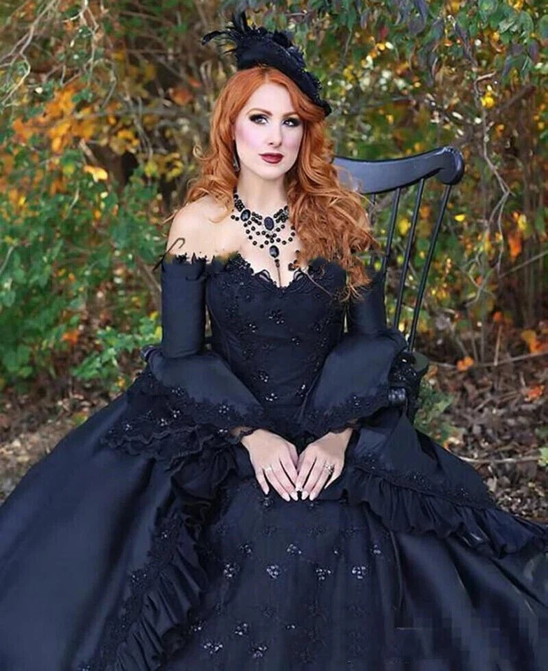 Vestidos de novia góticos negros con hombros descubiertos mangas largas volantes de tul vestido de novia Foto 3 de 4