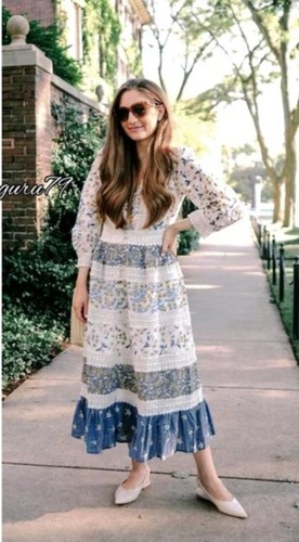 Anthropologie Roberta Midi Dress Floral Prairie Boho Cottagecore Blue White 8 - Picture 4 of 21