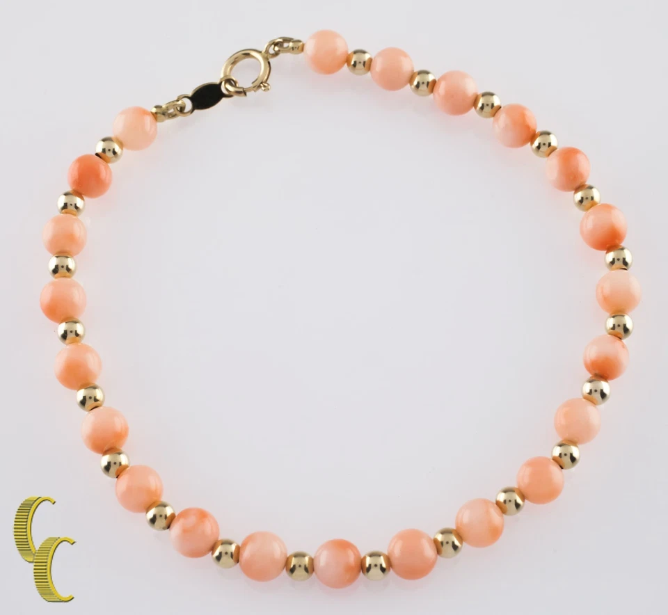 Brazalete de cuentas de oro amarillo de 14k y cuentas redondas de coral con cierre de langosta de 6,75" de largo Foto 2 de 4