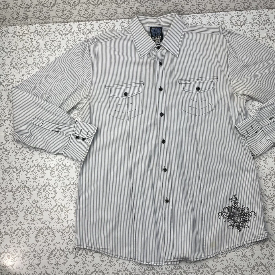 City Ink Castel Betrano Striped Button Up Big Crest Back Logo Shirt Men’s XL - Image 3 of 4