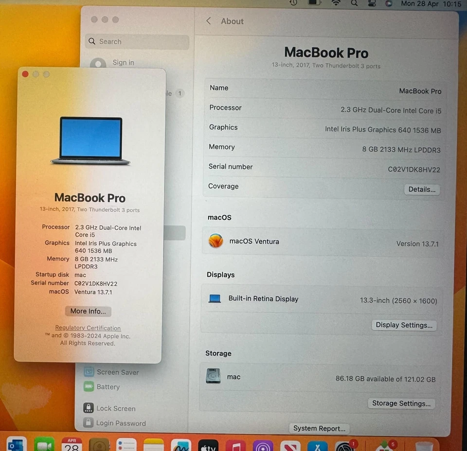 Apple MacBook Pro 2017 13in i5 8GB RAM 128GB SSD Warranty MS Office (C501) - Image 3 of 4