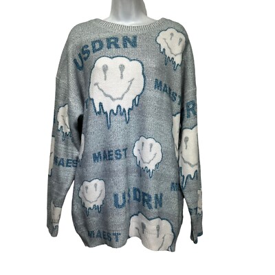 Aelfric Eden Size XL Blue Graphic Melting Smiley Face Pullover Sweater