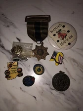 Lot Of 9 Vintage Medal, Stick Pins, Button, Medallion & WW2 Cap Badge/FS