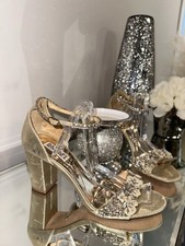 Badgley Mischka Gold Rhinestone Beaded Ankle Strap Open Toe Block Heel 8.5