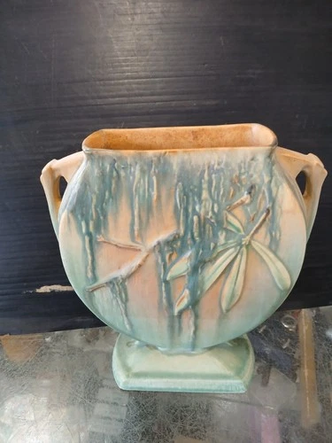 Roseville Pottery Moss Pink Green Vase Art Deco 1930s 781-8 Vintage