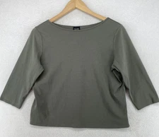 EILEEN FISHER Top M Cotton Interlock Jersey Boxy Boat Neck 3/4 Sleeve Green Gray