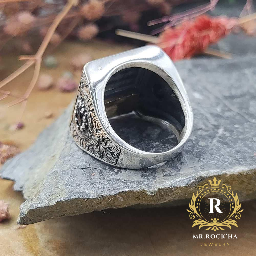 Word of Tawhid Engraving,Star Crescent,Black Zircon Stone,925 Silver Men's Ring