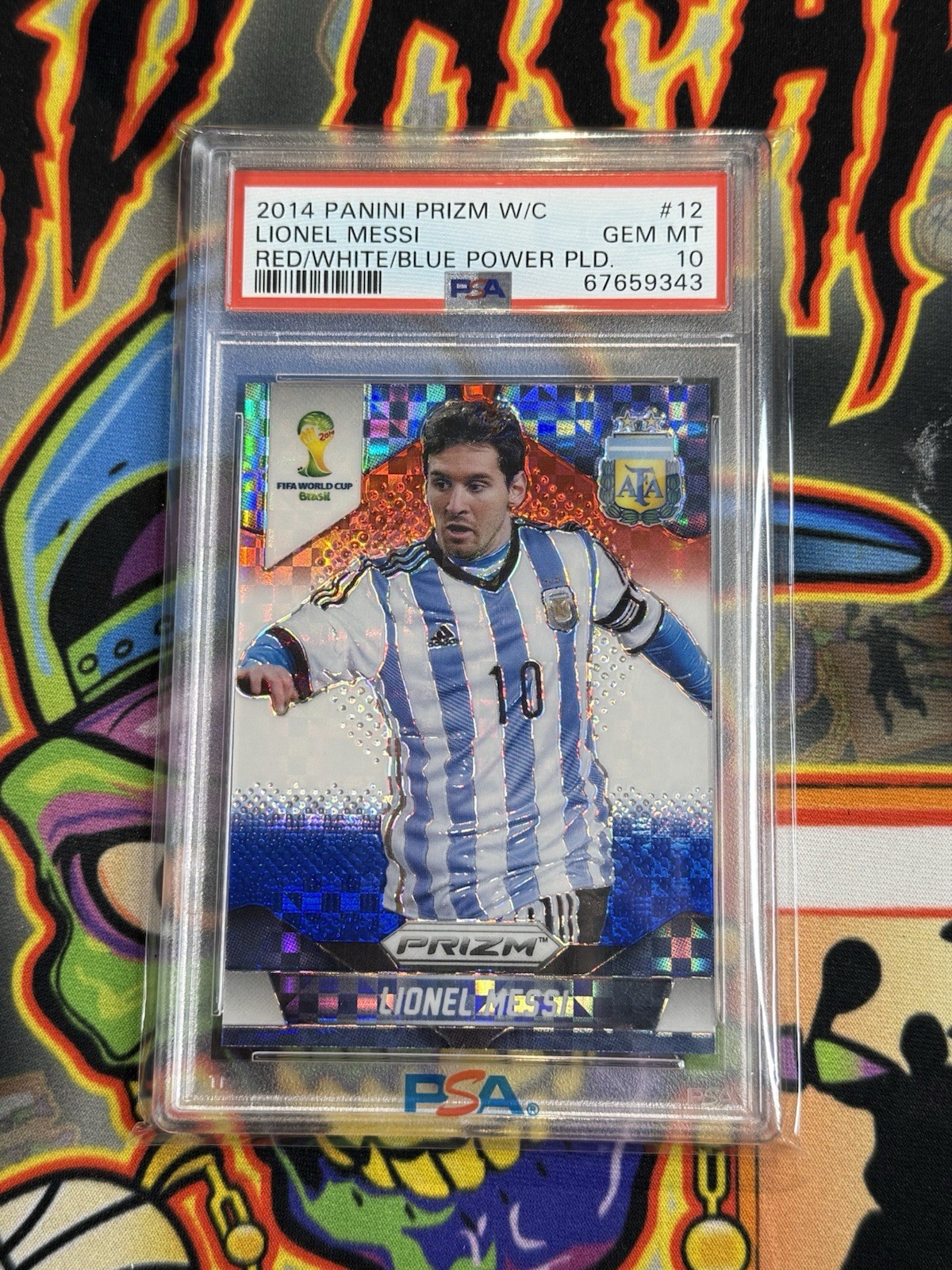 2014 PANINI PRIZM WORLD CUP RED/WHITE/BLUE POWER PLAID #12 LIONEL MESSI PSA 10