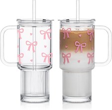 INSETLAN 26oz  Pink Bow Glass Tumbler w Lid and Straw - Breast Cancer Awareness