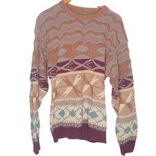 Vintage 1990s Sweater Large Geometric Brown Blue Pullover Crewneck Grandpa