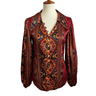 Vintage 70s Women s Blouse Pointed Collar Bishop Sleeve Button Front