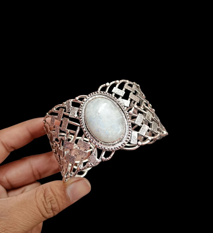 Natural Rainbow moonstone Bangle 925 Sterling Silver gift bangle For Her - Image 2 of 4