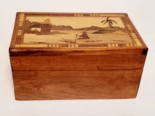 Vtg Inlaid Wood Marquetry Hinged Trinket Jewelry/File Box Tropical Asian Scene 