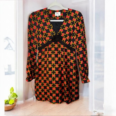 Milly of New York Silk Geometric Chain Print Empire Waist Dress Black Gold sz 2