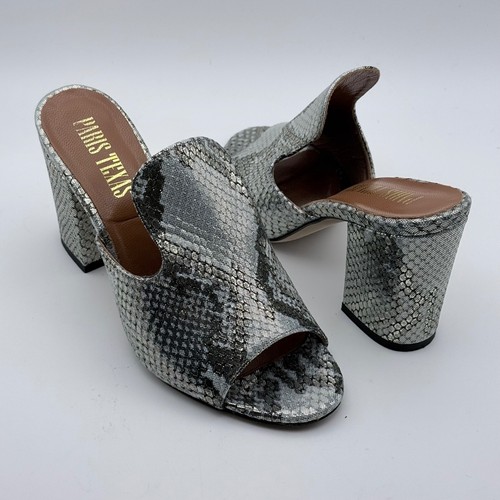 Paris Texas Silver Snakeskin Embossed Leather Block Heel Mules Sandals Size 36