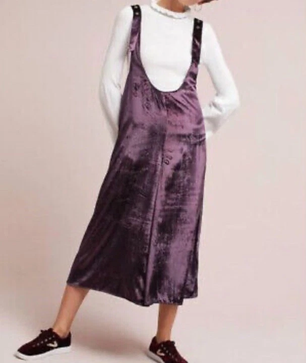 Anthropologie by MAEVE Plum Purple Velvet Suspender Jumpsuit Wide leg Boho Small - Image 2 of 4