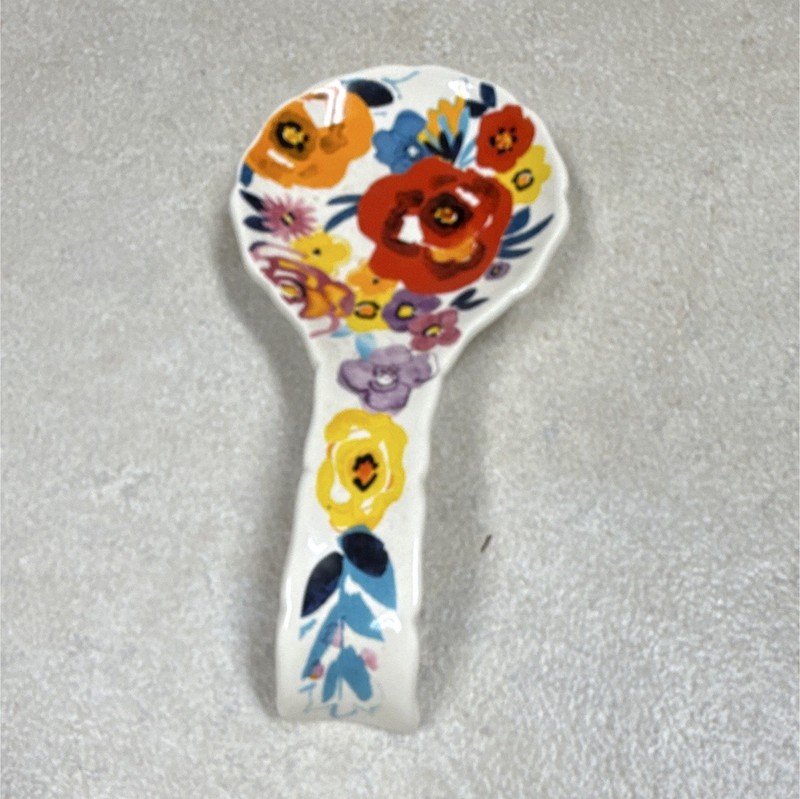 Ceramic Spoon Rest Floral & Gardens Pattern, Multicolor/White, Under 10 in