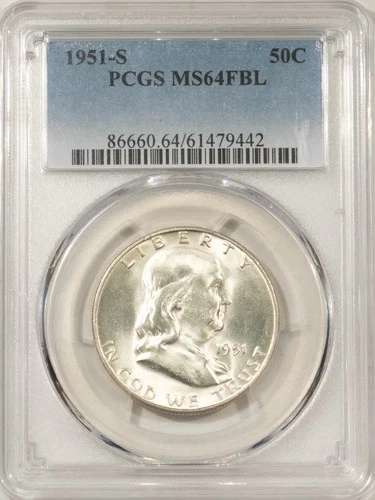 1951-S FRANKLIN HALF DOLLAR - PCGS MS-64 FBL, FRESH WHITE & PREMIUM QUALITY!