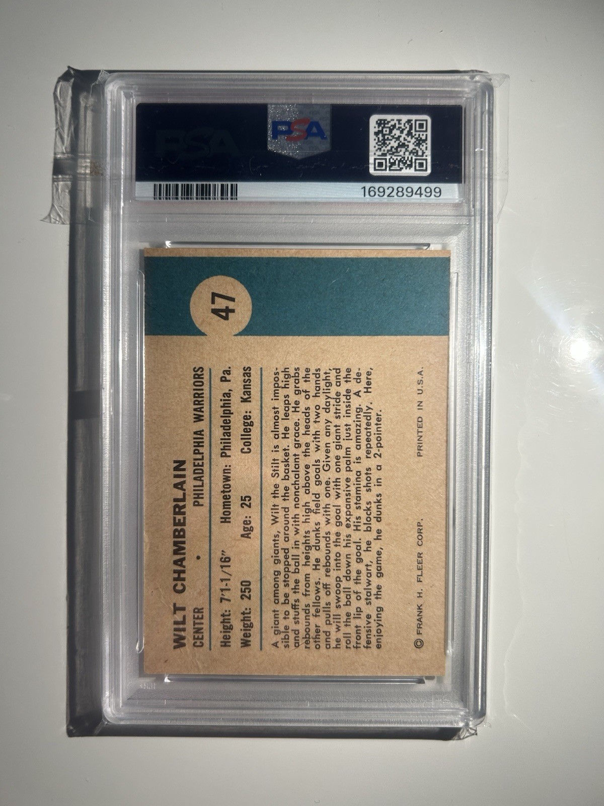 Fleer 1961 Wilt Chamberlain In Action #47 PSA 3 Philadelphia Warriors Vintage view 2