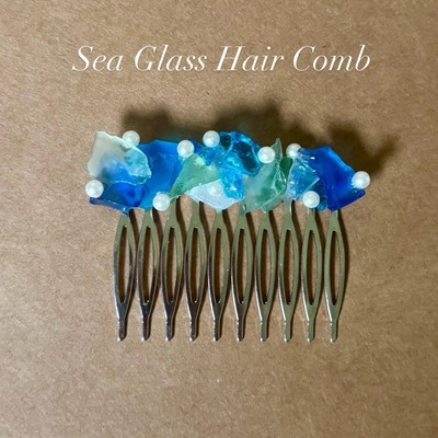 #ad Sea Glass Pearl Hair Comb Handmade Comb Using Recycled Blue Green Clear Glass $23.99