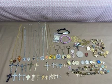 VTG Lot of Assorted Religious Items Catholic Cross Medals Crucifix Angels Pins