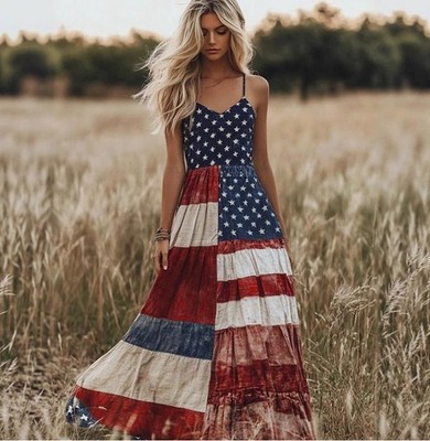 Women's US Flag Printed Summer Breathable Sleeveless Summer Beach Dress Fashion