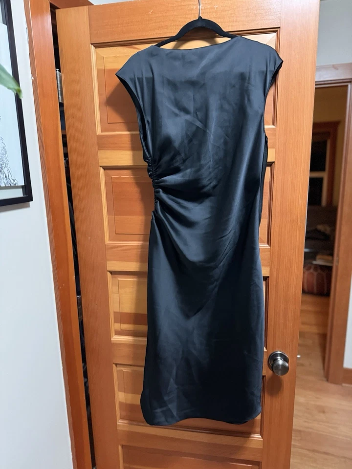 Banana Republic Women's Shirred-Side Satin Midi Dress Black Size 8 - Image 3 of 4