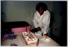 Vtg Color Snapshot Woman In White Blouse Cutting Best Wishes Trisha Cake 1990s