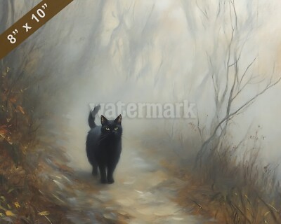 Black cat on foggy trail oil painting 8x10 Print